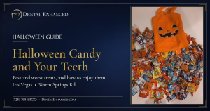 Overflowing Halloween candy bag with jack-o-lantern face and text Halloween Candy and Your Teeth, Dental Enhanced Las Vegas