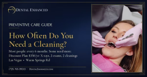 Patient relaxing in a dental chair during a dental cleaning while a hygienist's gloved hands use a mirror and scaler, Dental Enhanced Las Vegas